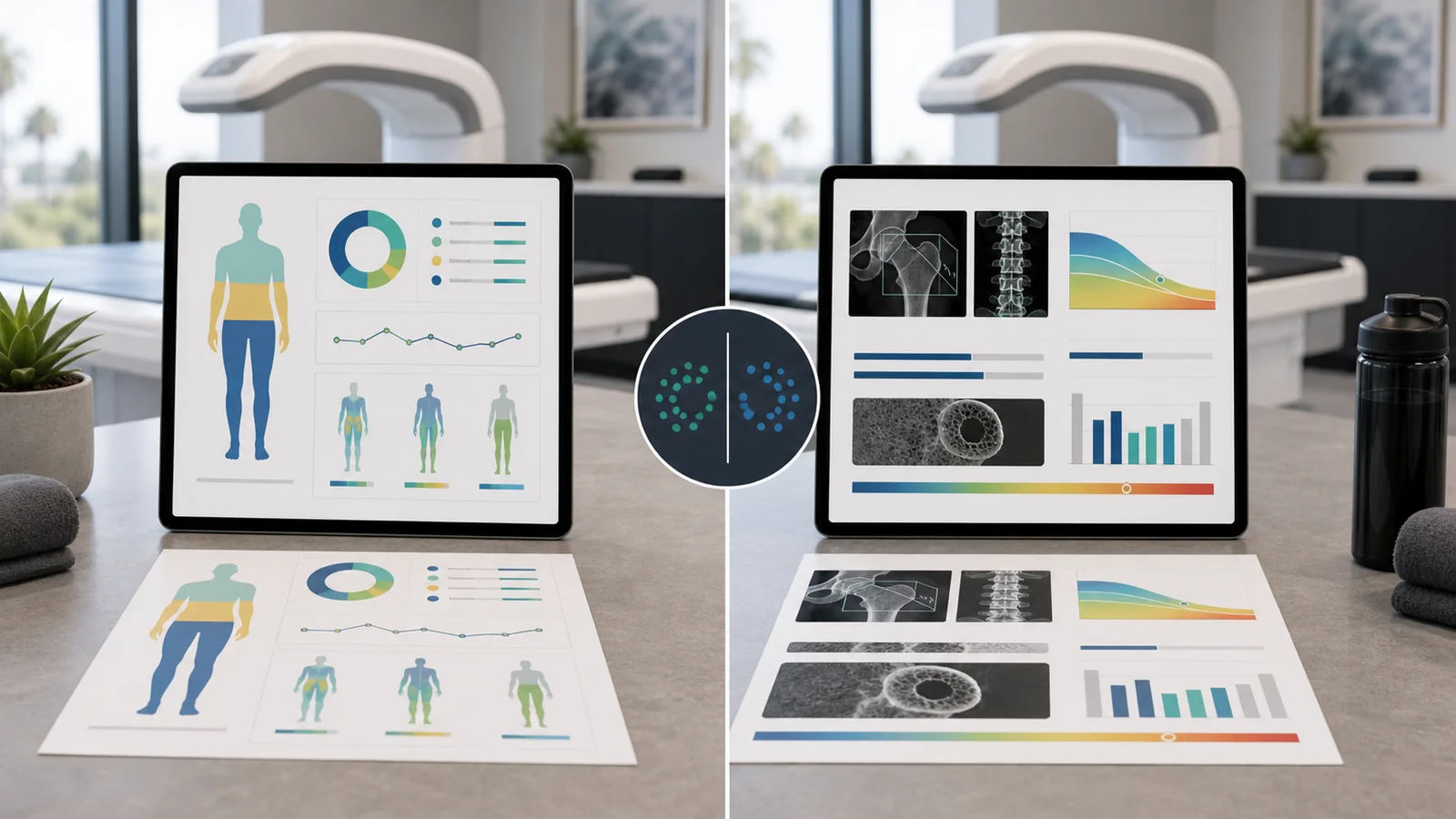 Comparison of body composition and bone density DEXA scan reports.