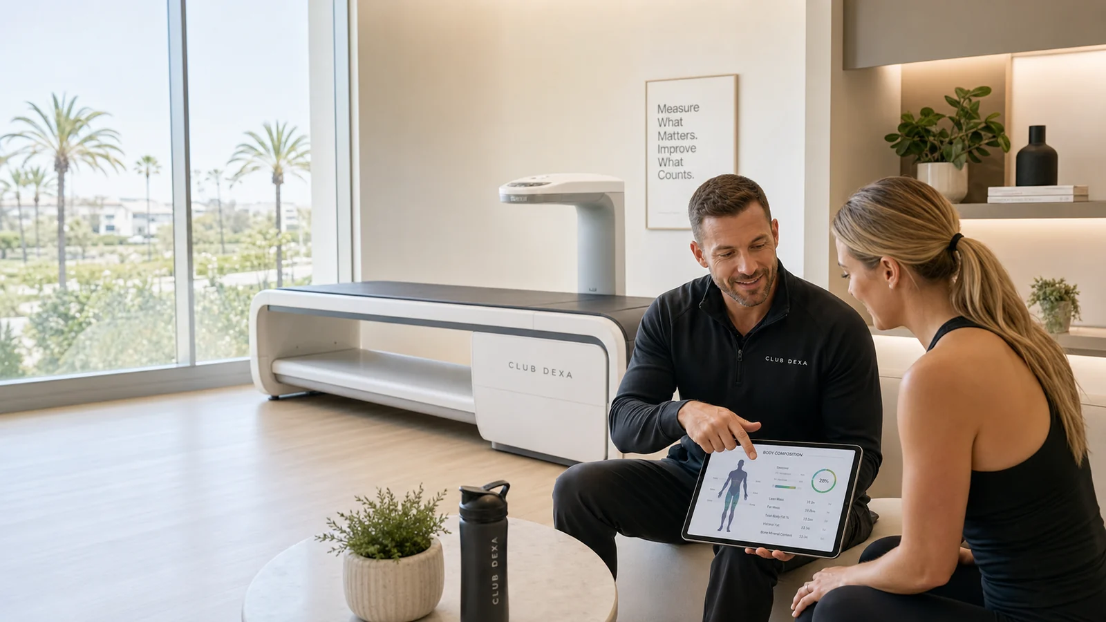 Coach reviewing a body composition scan report with a client in a bright Irvine wellness studio.