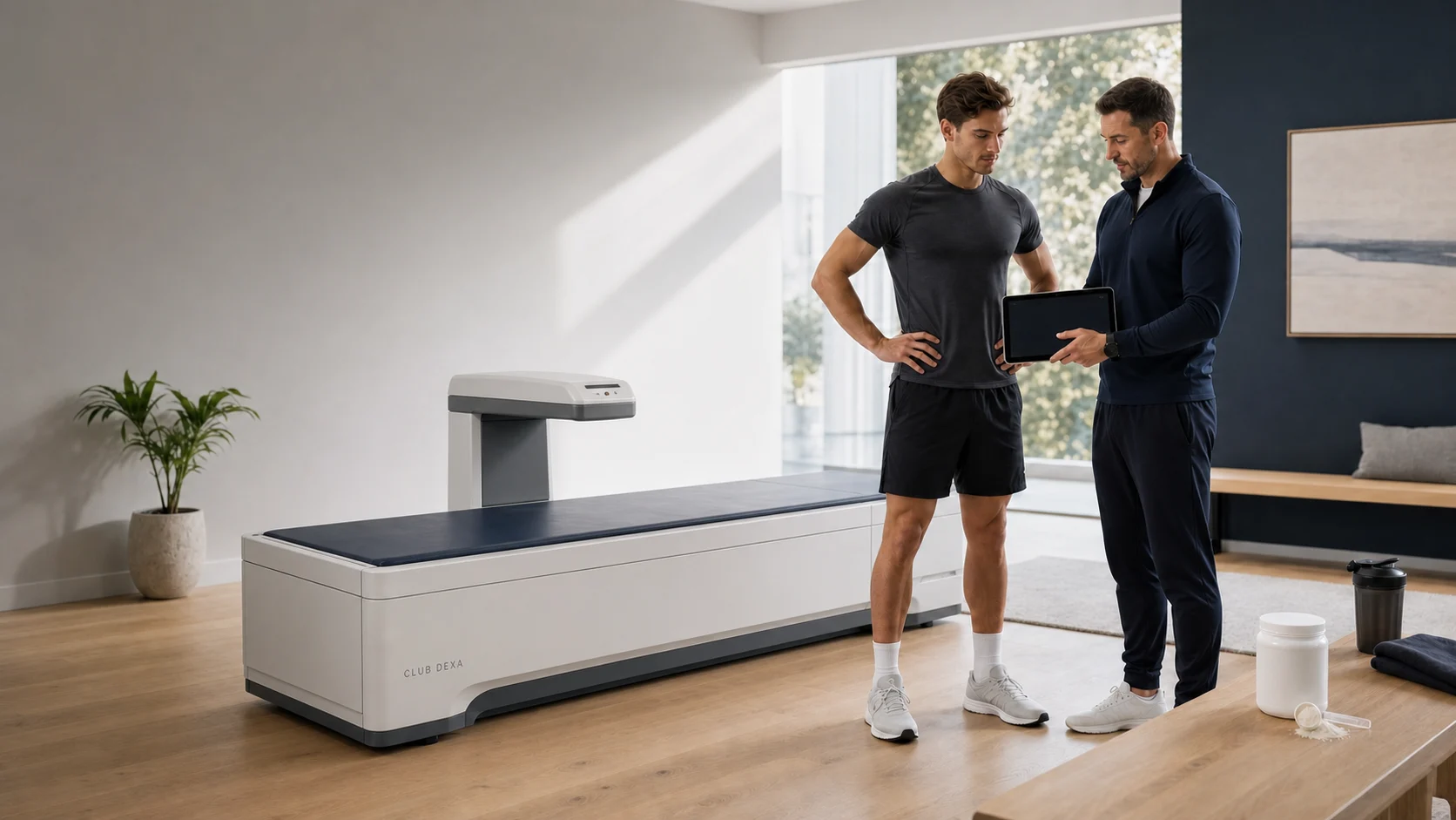 Athlete beside a DEXA scanner reviewing lean mass trends with a coach while a creatine container sits on a nearby bench.