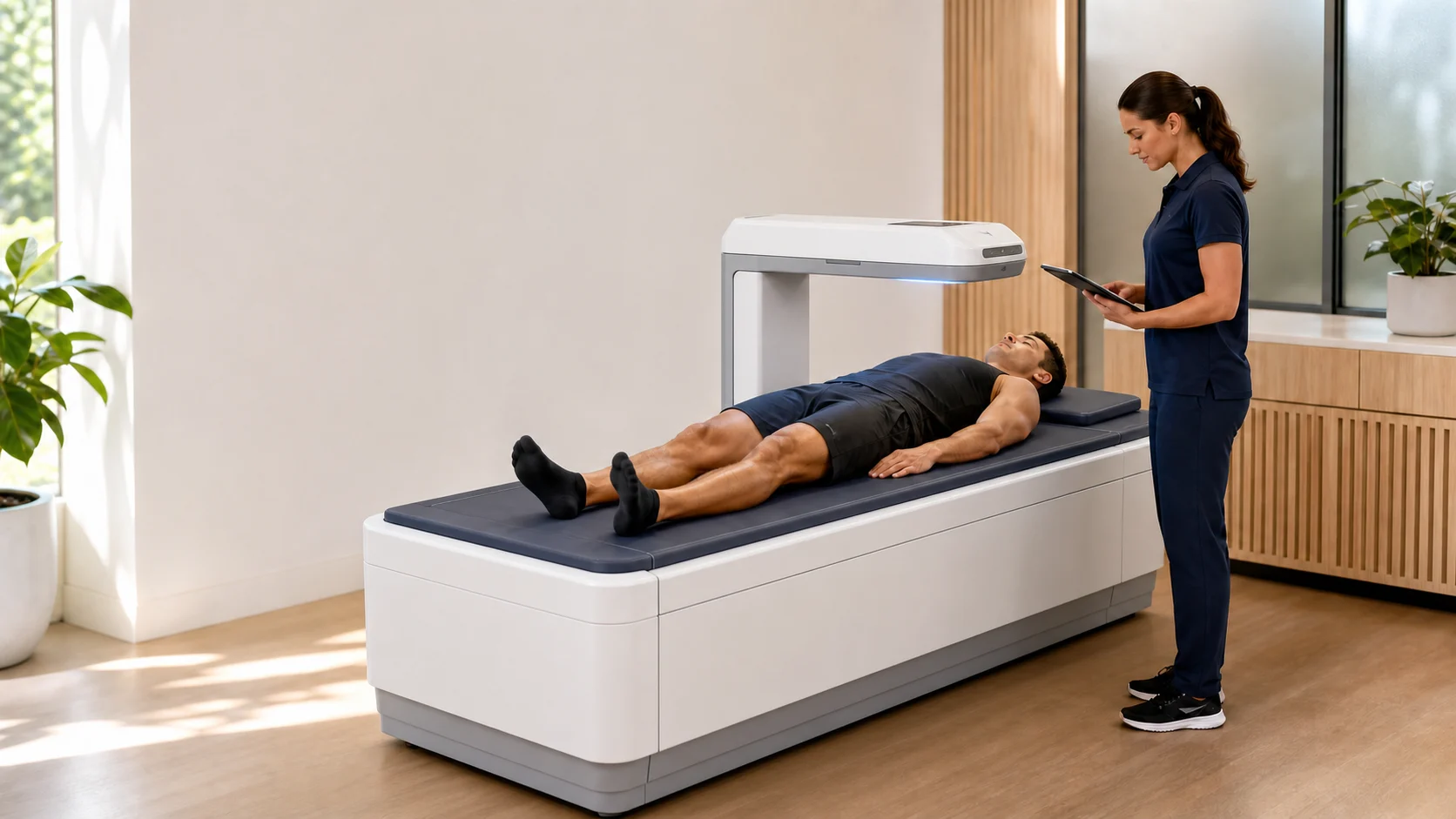 Client lying on a whole-body DEXA scanner while a technician reviews scan settings on a tablet.