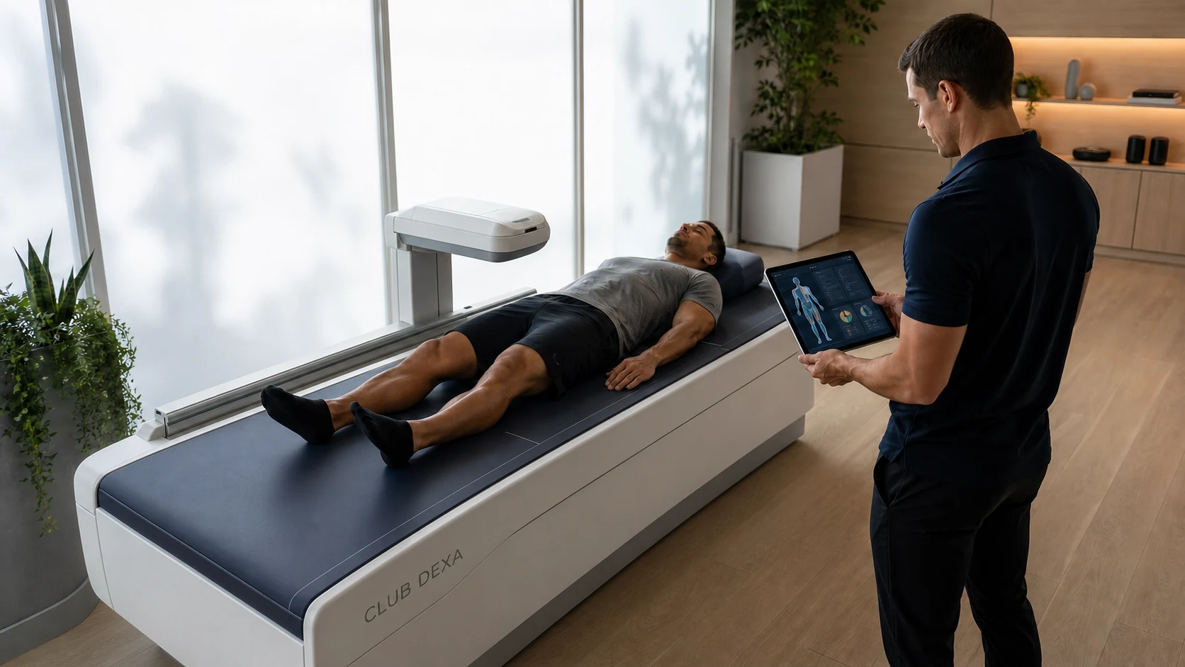 Client lying on a DEXA scanner while a fitness professional reviews a body composition graphic on a tablet.