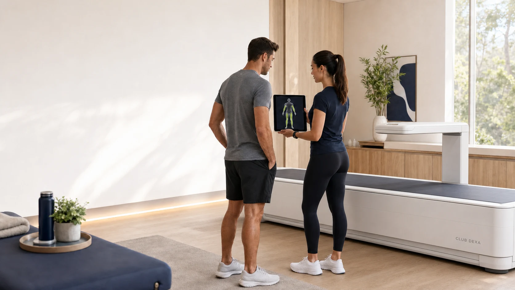 Athlete beside a DEXA scanner reviewing total and arm-and-leg lean mass trends with a fitness professional.