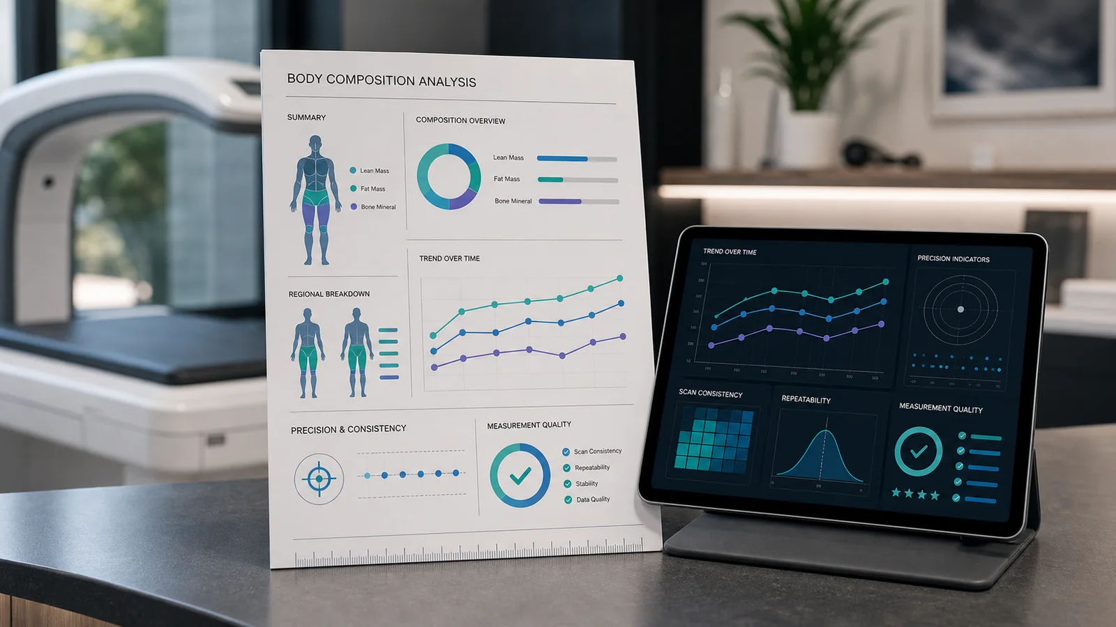 DEXA body composition report with accuracy and trend markers.