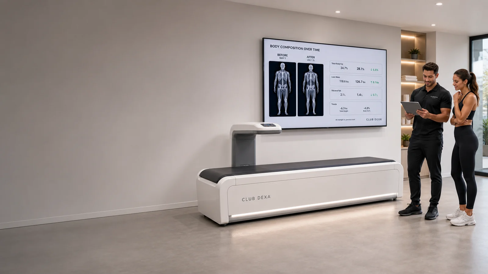 Client reviewing before-and-after GLP-1 weight loss body composition trends beside a DEXA scanner.
