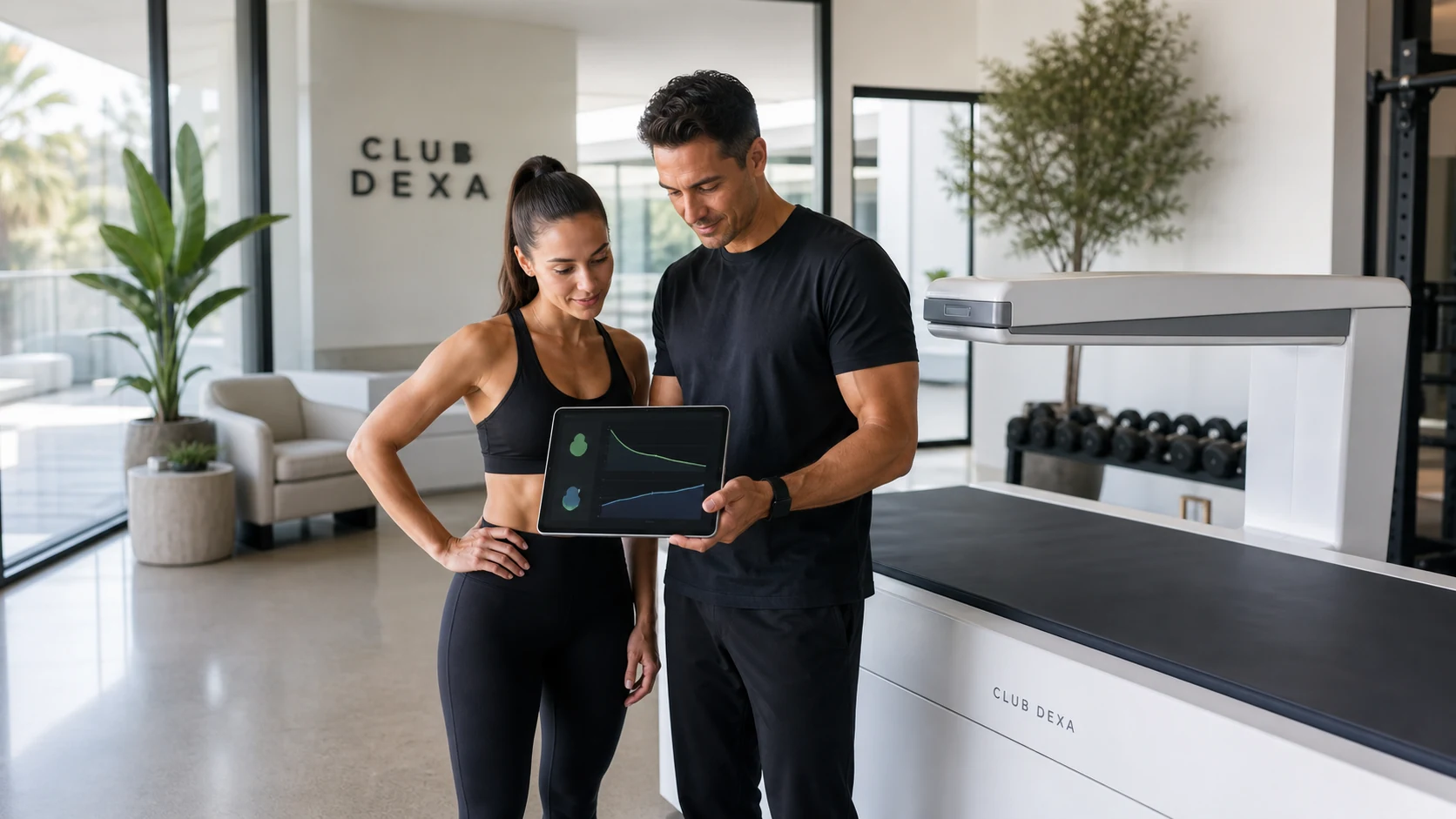 Client reviewing body recomposition trends on a tablet beside a DEXA scanner.