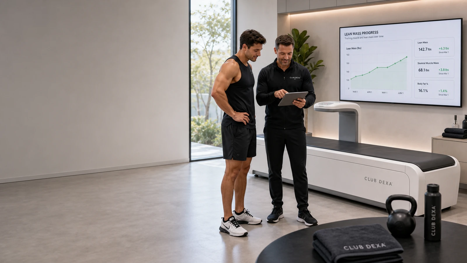 Athlete and coach reviewing lean mass progress beside a DEXA scanner in a performance studio.