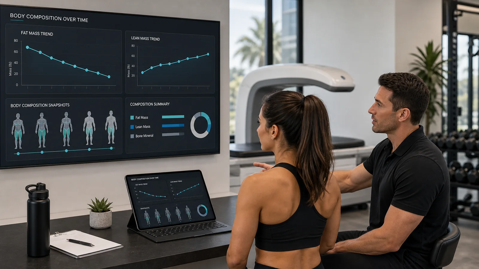 Body composition dashboard showing fat mass and lean mass trends during weight loss.