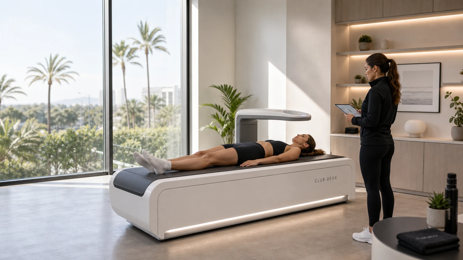 Scan client lying on a CLUB DEXA scanner while a technician monitors the appointment in a bright Irvine studio.