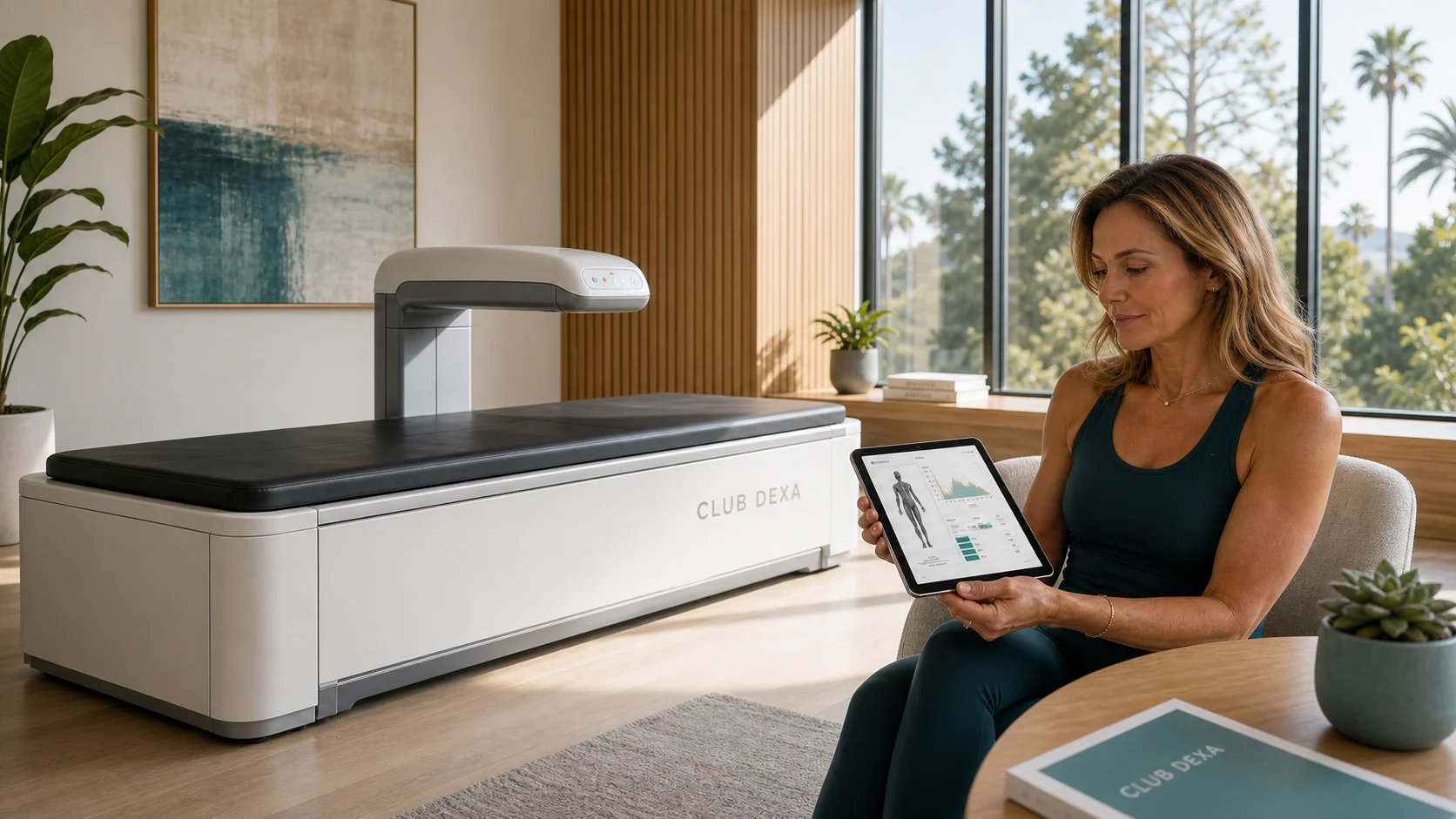 Midlife woman reviewing a body composition report beside a DEXA scanner in a bright CLUB DEXA studio.