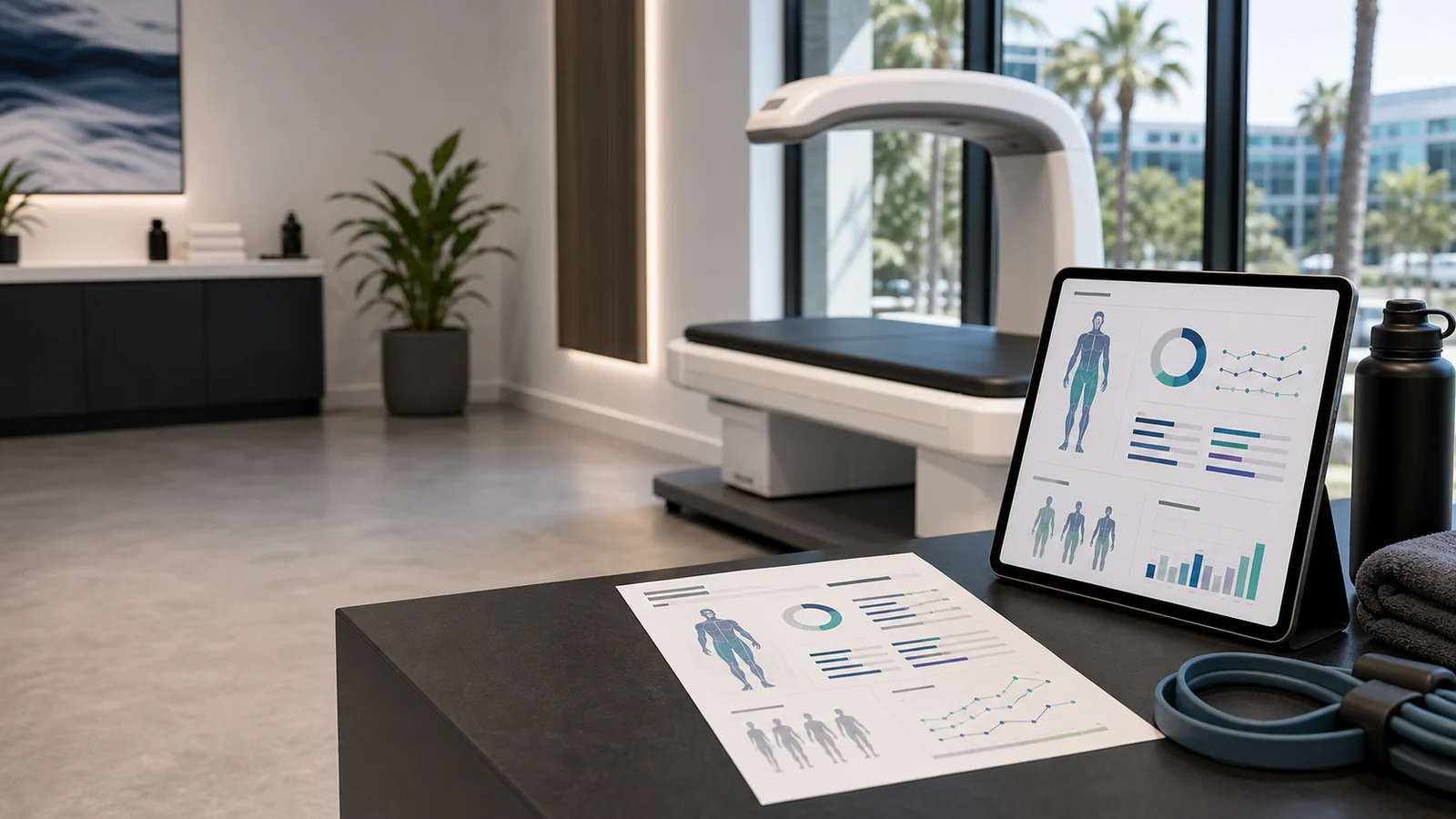 Body composition report on a tablet next to a DEXA scanner in a premium fitness studio.