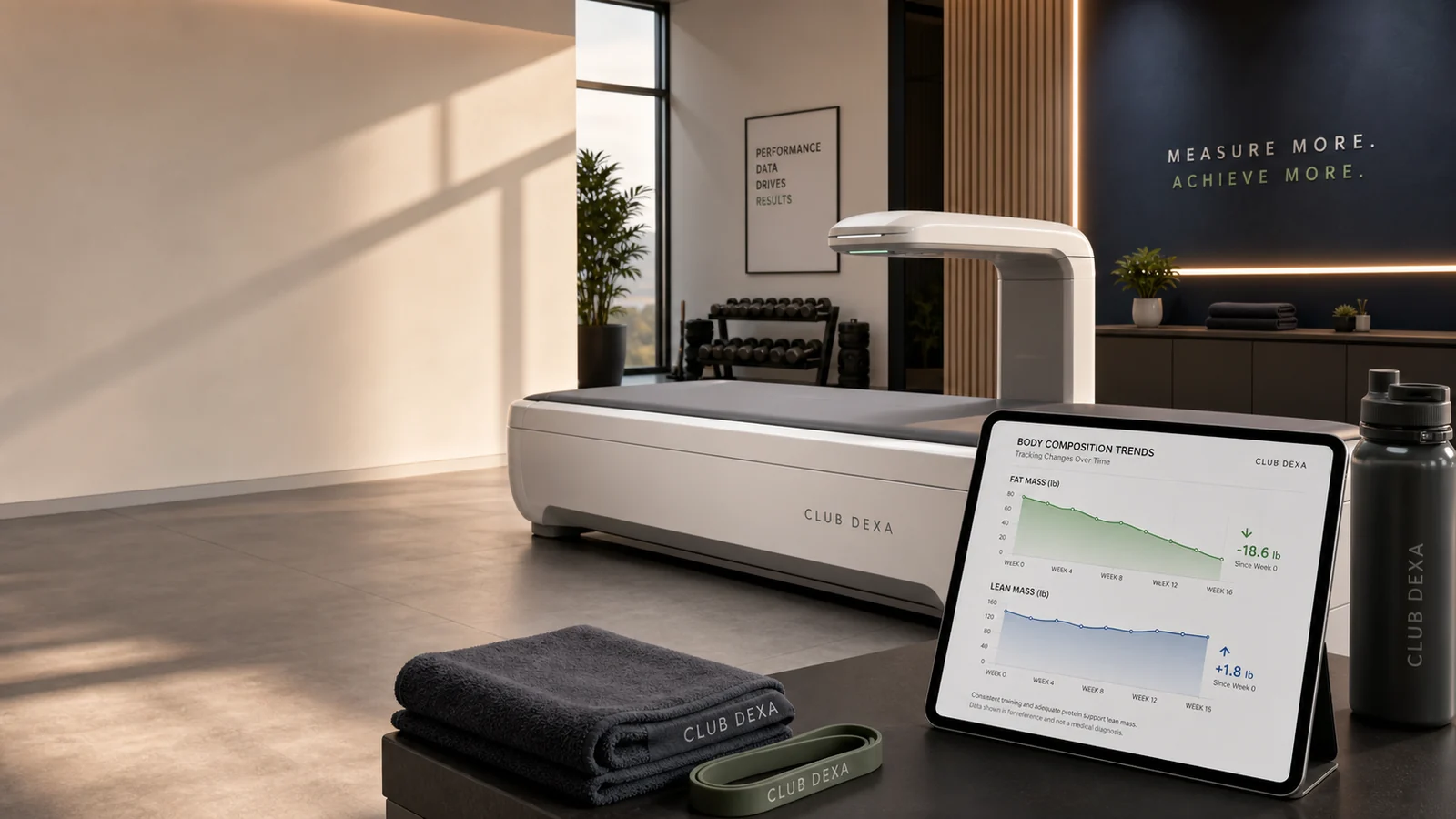 DEXA scanner and body composition dashboard for comparing rapid fat loss and lean mass change.