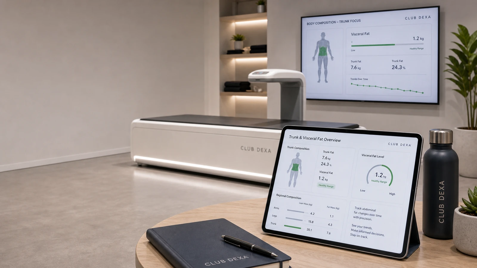 DEXA scan room with a body composition display focused on trunk and visceral fat tracking.