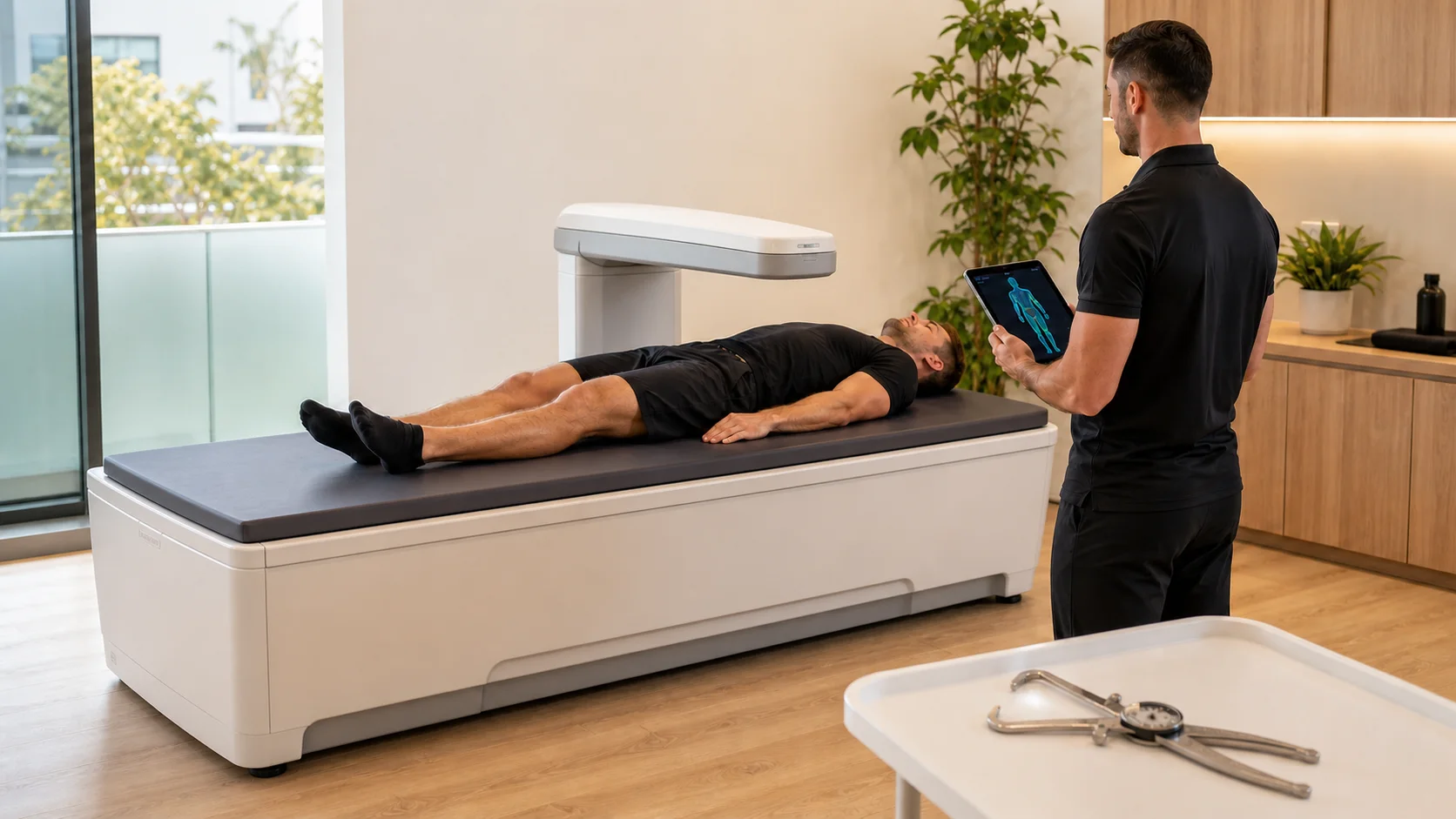 An athlete lies on a DEXA scanner while a technician monitors body-composition data beside skinfold calipers.