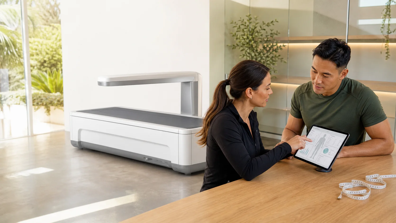 A client reviews a body-composition report with a coach beside a DEXA scanner while a tape measure rests on the counter.