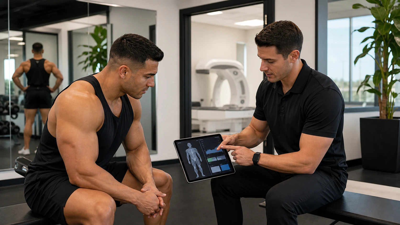 Physique athlete reviewing body composition data during contest prep.
