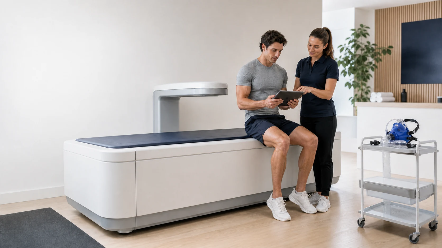 Athlete beside a DEXA scanner comparing a body composition report with a resting metabolism breathing test setup.