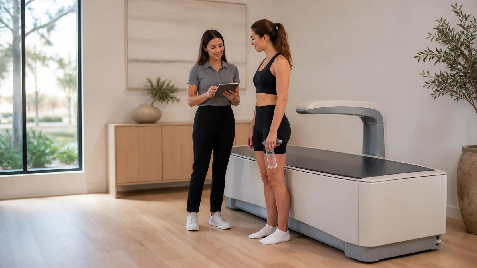A client holding a water bottle reviews a pre-scan routine with a technician beside a DEXA scanner.
