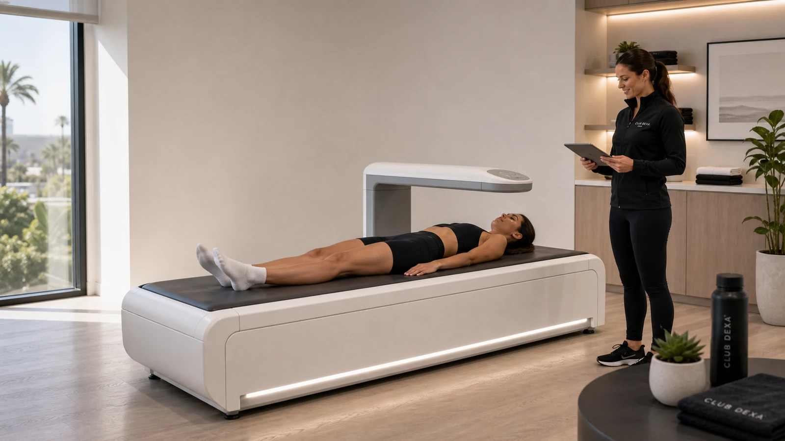 First-time scan client lying on a DEXA scanner while a technician explains the appointment beside the table.