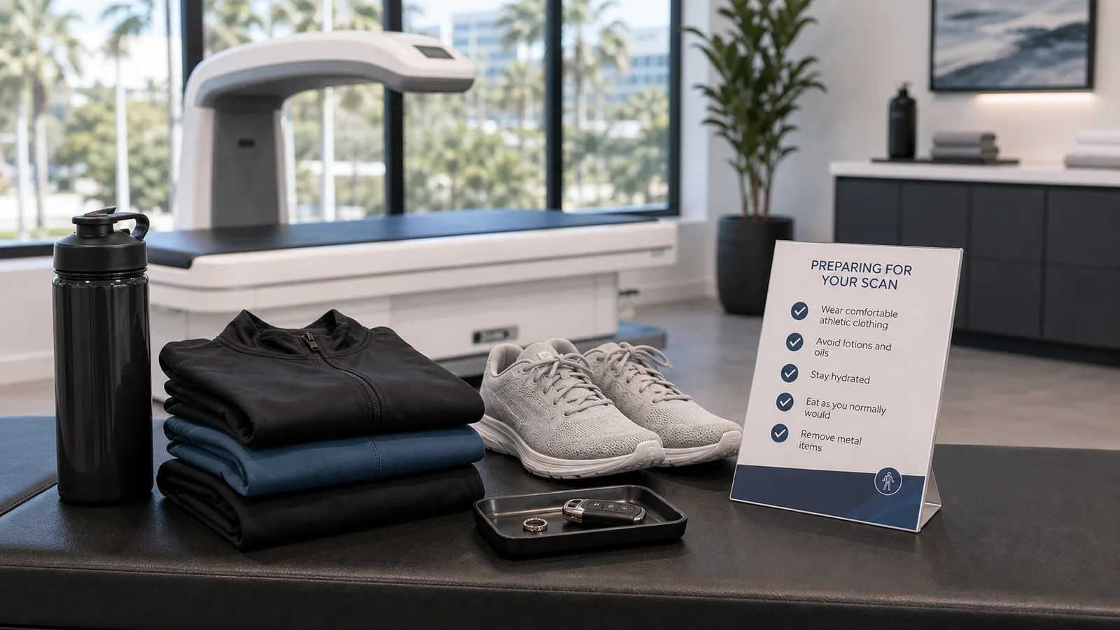 Prepared DEXA scan room with folded athletic clothing and appointment checklist.