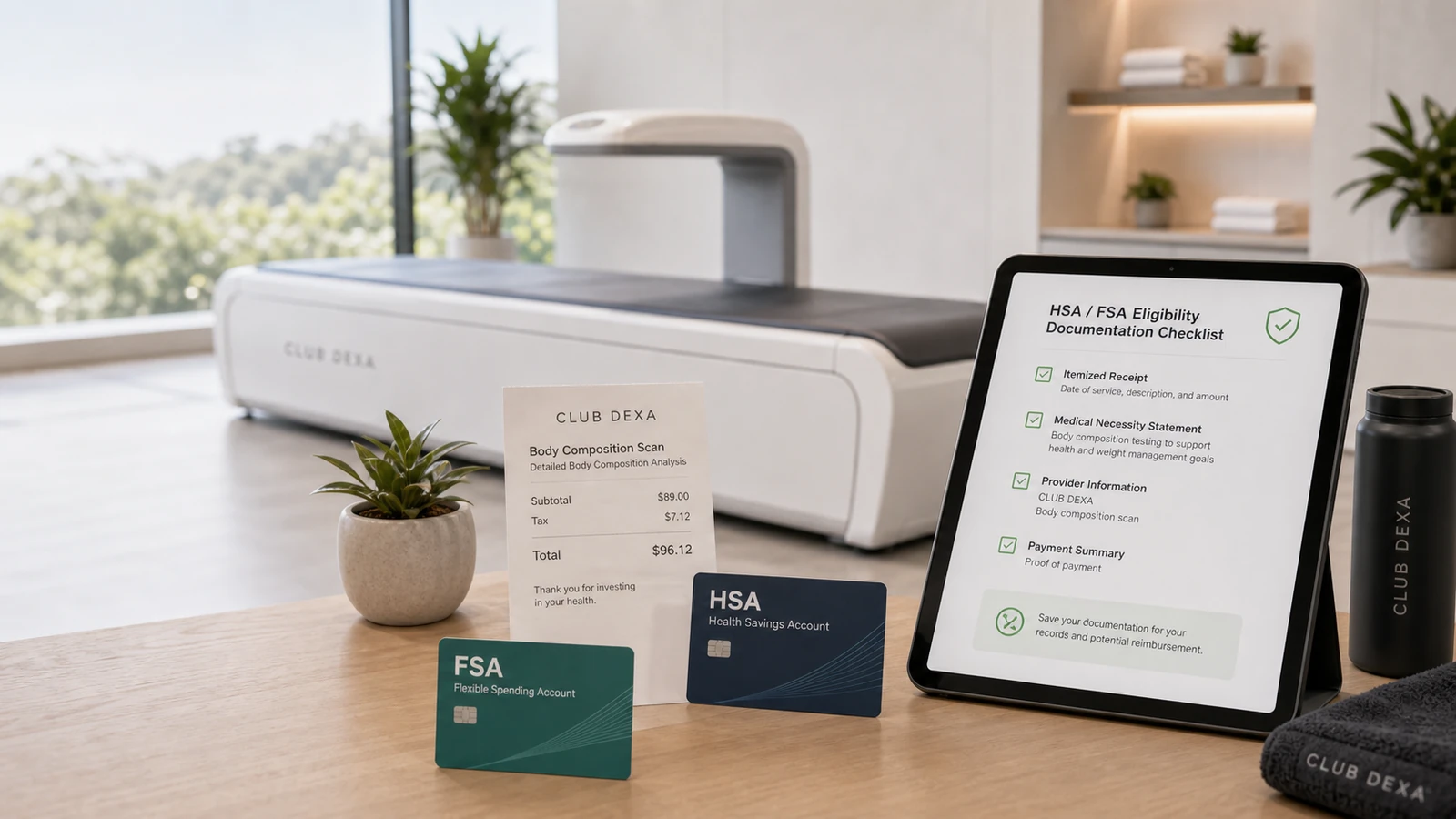 HSA and FSA payment cards with a DEXA scan receipt and scanner in the background.