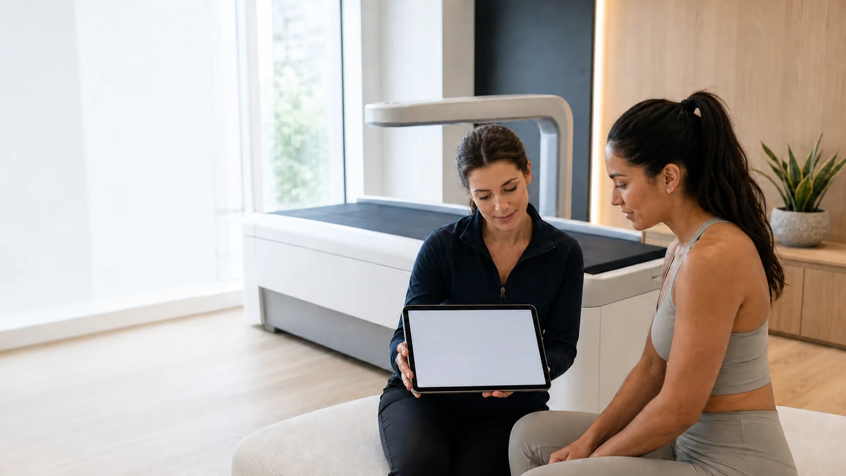 Athlete reviewing a body composition report beside a non-branded DEXA scanner in a bright wellness studio.