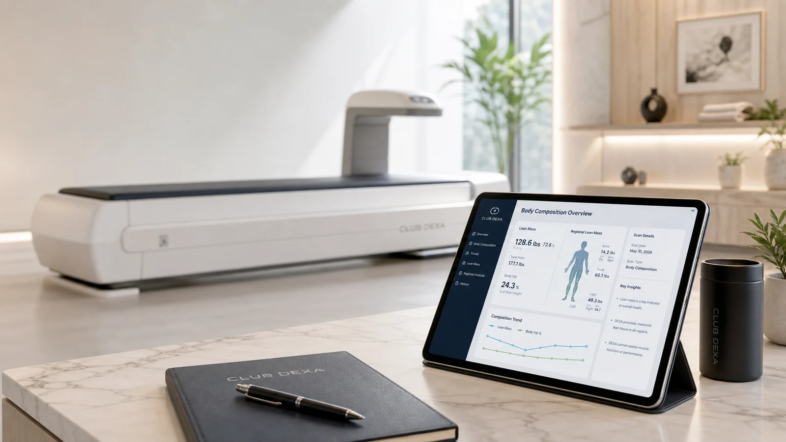 Tablet showing lean mass body composition results with a DEXA scanner in the background.