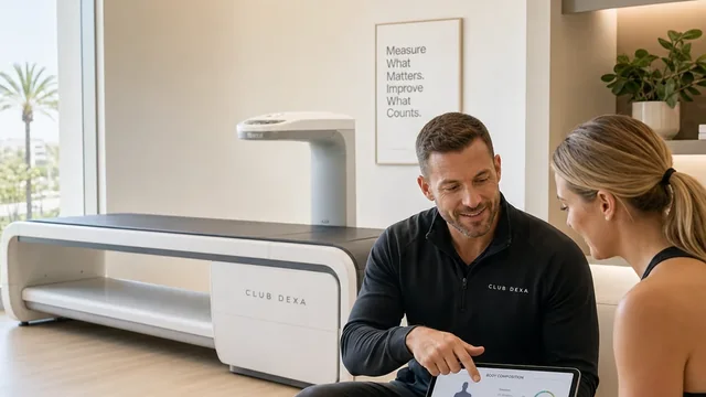 Coach reviewing a body composition scan report with a client in a bright Irvine wellness studio.