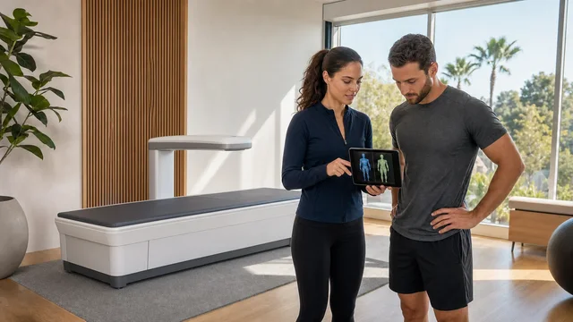 Client and scan professional comparing two body composition reports beside a DEXA scanner.