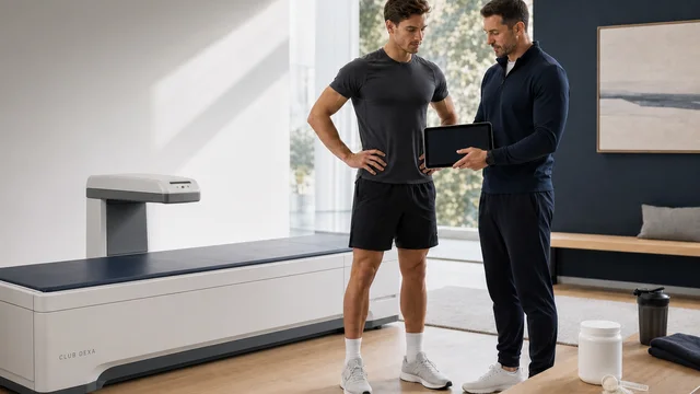 Athlete beside a DEXA scanner reviewing lean mass trends with a coach while a creatine container sits on a nearby bench.