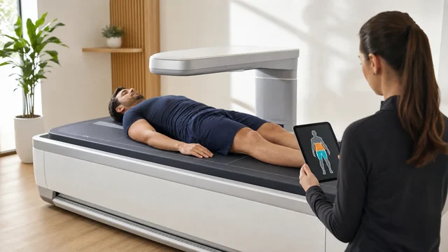 Client beside a DEXA scanner reviewing a body composition graphic that compares the abdomen with the hips and upper thighs.