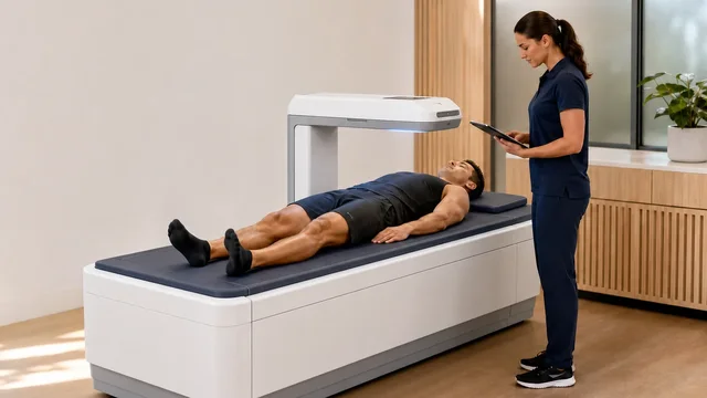 Client lying on a whole-body DEXA scanner while a technician reviews scan settings on a tablet.
