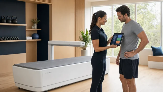 Client beside a DEXA scanner reviewing a whole-body bone mineral content result with a fitness professional.