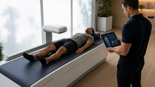 Client lying on a DEXA scanner while a fitness professional reviews a body composition graphic on a tablet.