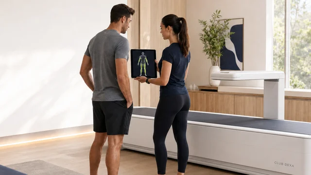 Athlete beside a DEXA scanner reviewing total and arm-and-leg lean mass trends with a fitness professional.