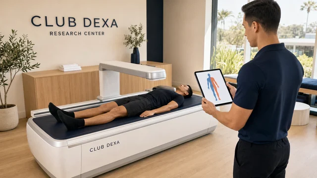 Athlete lying on a DEXA scanner while a coach reviews a left-to-right regional body composition graphic.