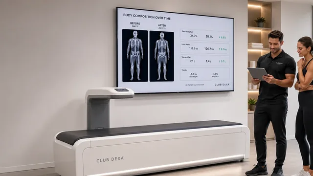 Client reviewing before-and-after GLP-1 weight loss body composition trends beside a DEXA scanner.