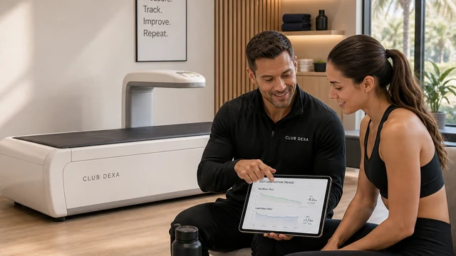 Coach and client reviewing fat loss body composition trends beside a DEXA scanner.