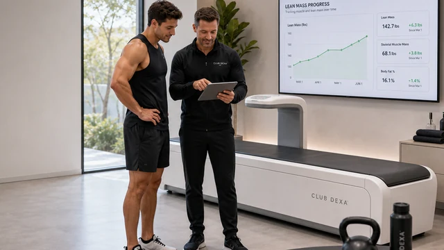 Athlete and coach reviewing lean mass progress beside a DEXA scanner in a performance studio.
