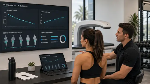 Body composition dashboard showing fat mass and lean mass trends during weight loss.