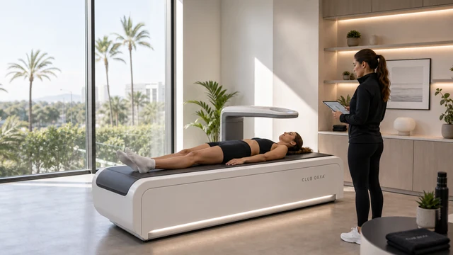 Scan client lying on a CLUB DEXA scanner while a technician monitors the appointment in a bright Irvine studio.