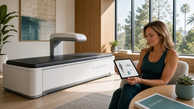 Midlife woman reviewing a body composition report beside a DEXA scanner in a bright CLUB DEXA studio.