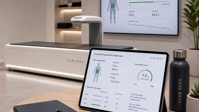 DEXA scan room with a body composition display focused on trunk and visceral fat tracking.