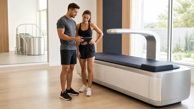 Athlete and coach reviewing body-composition results beside a non-branded DEXA scanner in a bright performance lab.