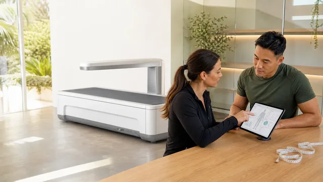 A client reviews a body-composition report with a coach beside a DEXA scanner while a tape measure rests on the counter.