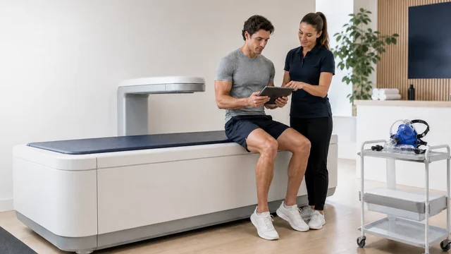 Athlete beside a DEXA scanner comparing a body composition report with a resting metabolism breathing test setup.
