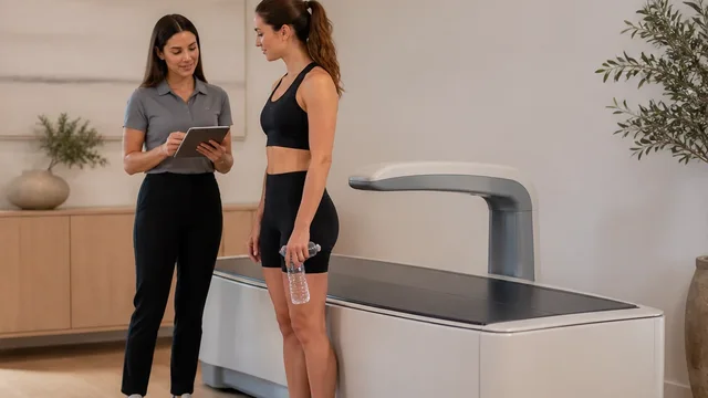 A client holding a water bottle reviews a pre-scan routine with a technician beside a DEXA scanner.