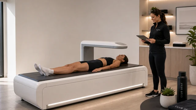 First-time scan client lying on a DEXA scanner while a technician explains the appointment beside the table.