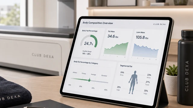 Body composition report on a tablet showing body fat percentage results with a DEXA scanner behind it.