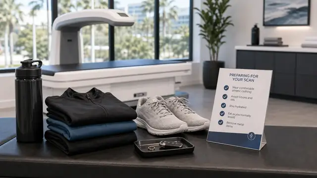 Prepared DEXA scan room with folded athletic clothing and appointment checklist.