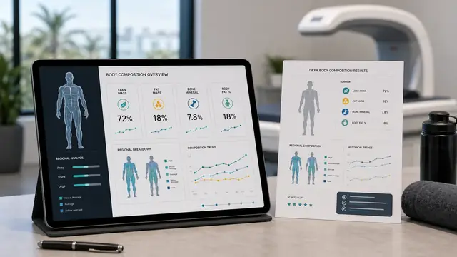 DEXA scan results report with body composition metrics highlighted.